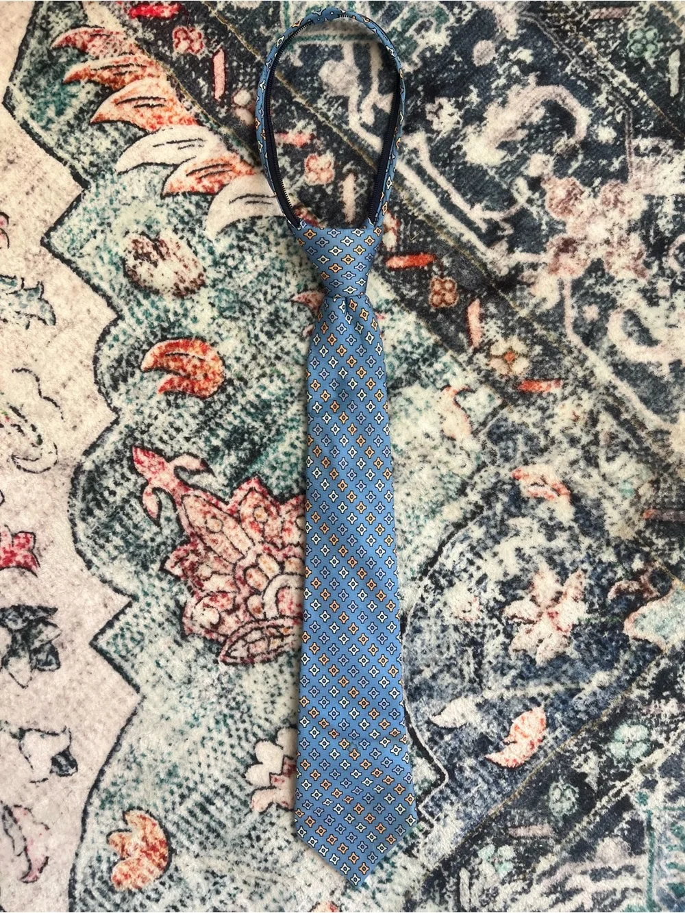 Vintage 90s Claiborne Boys Blue Geometric 100% Silk Pre-Tied Zipper Necktie 👔